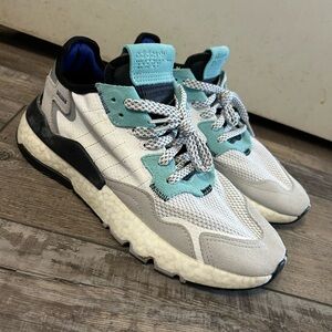 Adidas Nite Jogger Mens Shoes Size 8 White/Gray/Teal Mesh & Suede Boost Midsole